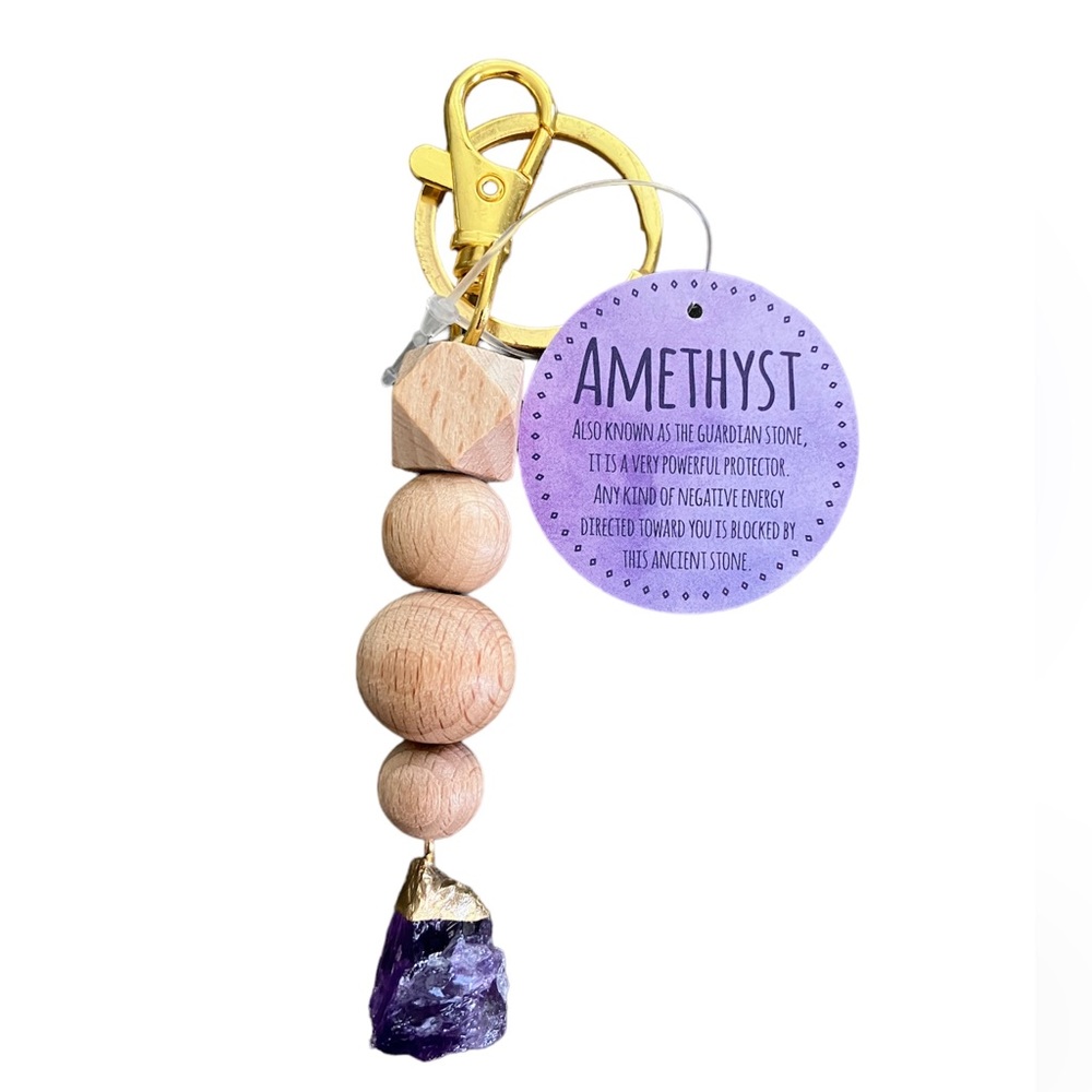 NWOT 14k Gold Leafing & Amathyst Chakra bag charm w/Wood Beads and Goldtone …